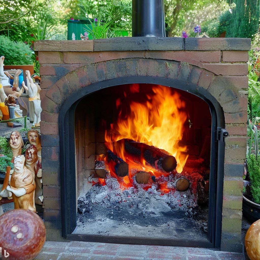 Pizza oven alight with logs burning in the garden