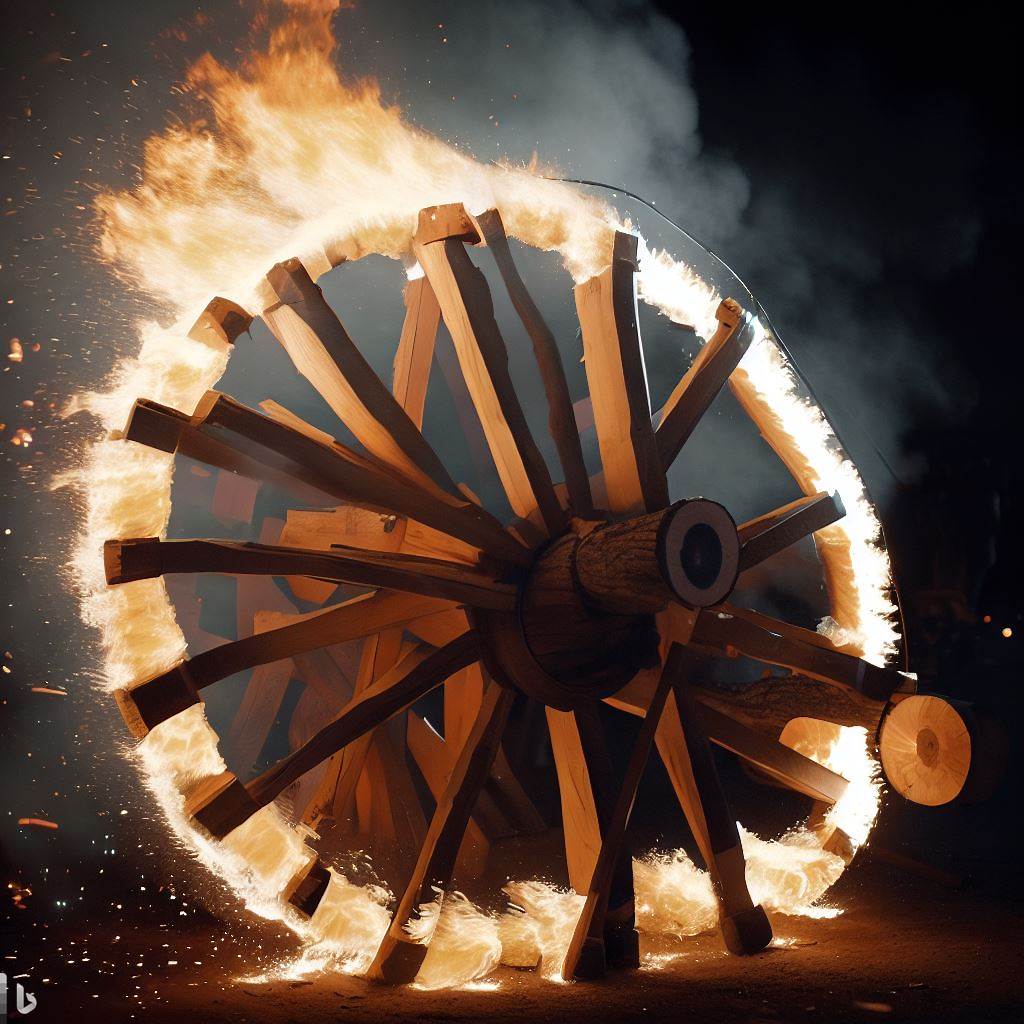 A beech logs Catherine Wheel alight gives a fiery display
