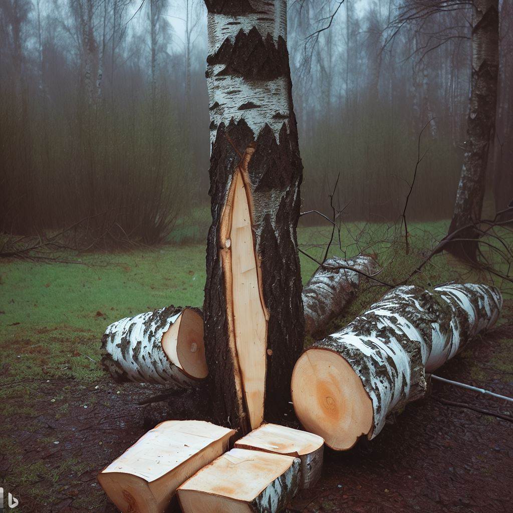 A birch tree with birch logs alongside